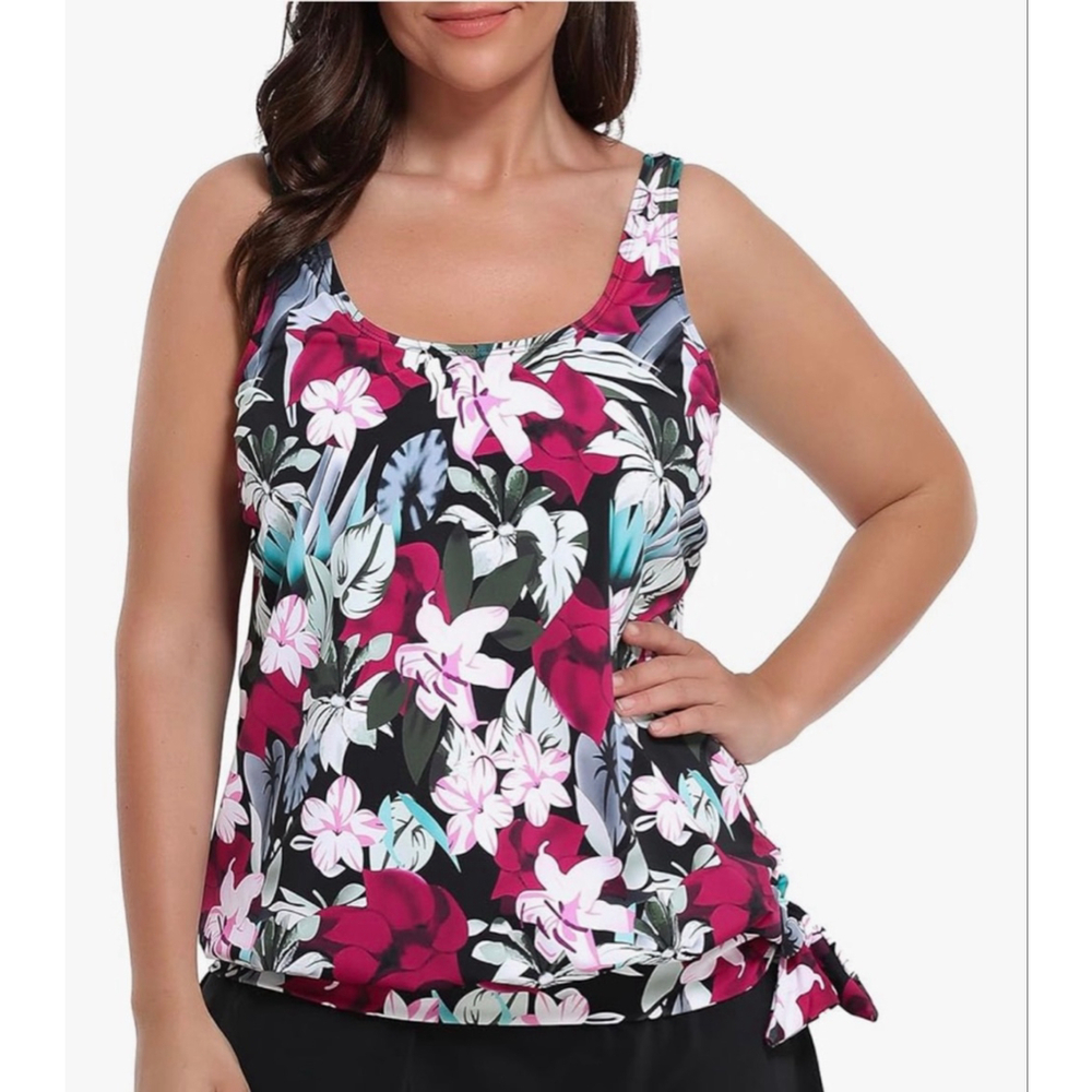 Floral Scoop-Neck One-Piece Swimsuit in Black and Magenta